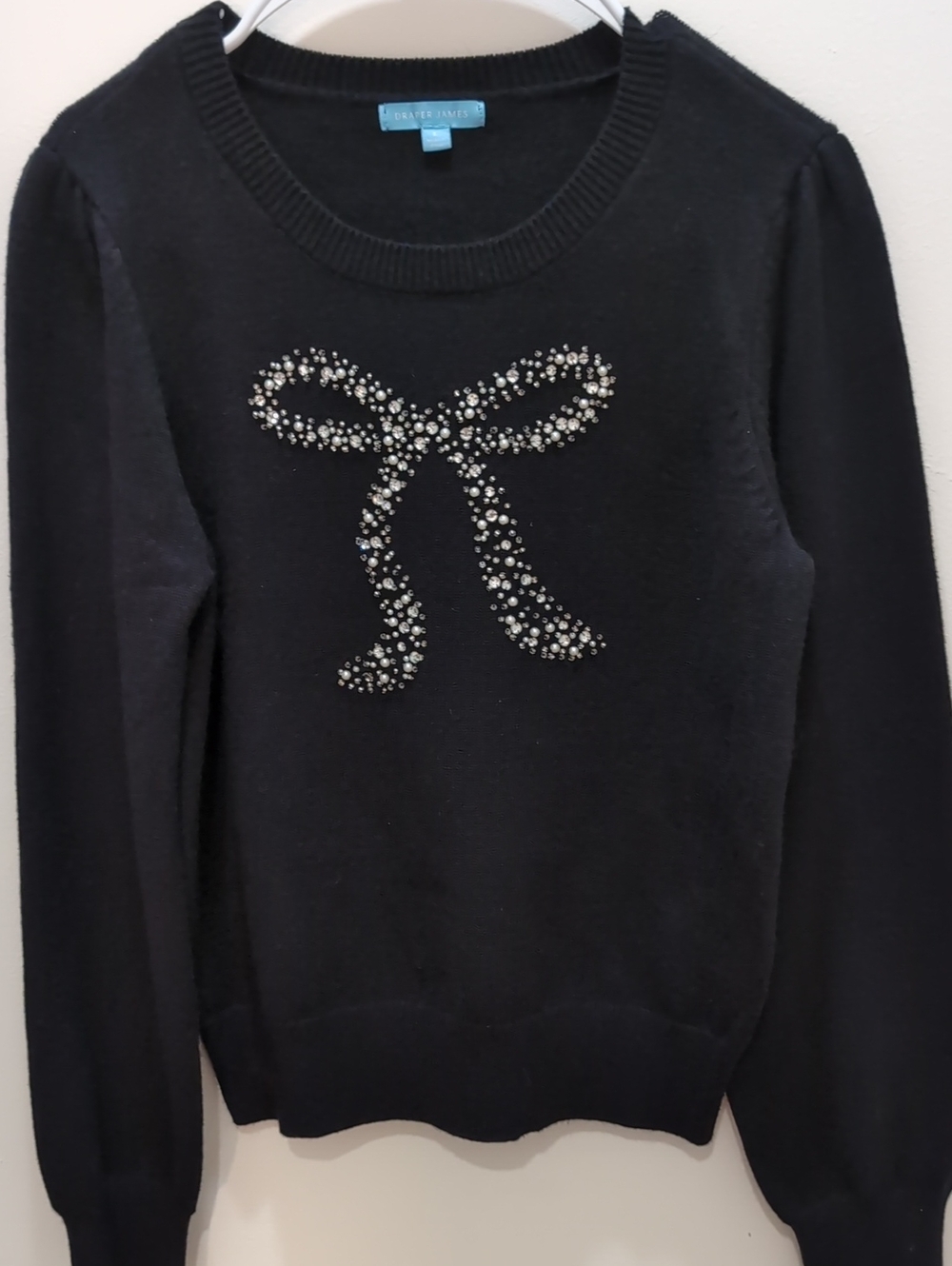 Draper James Soft Cozy Black Crewneck Sweater with Crystal Bow Detail L